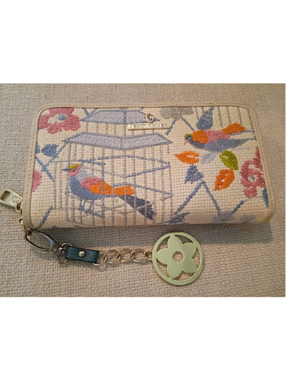 SPARTINA 449-SONG BIRD Zip Around Wallet Embroidered Birds Soft Colors EUC